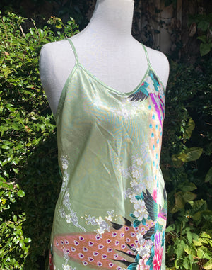 Vintage Y2K Green Floral Silk Slip Dress Size S/M