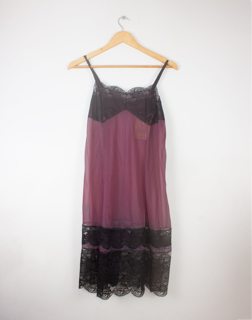 Vintage Black Purple Nylon Slip Dress Size S / M