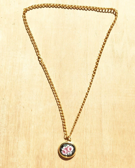 Vintage Painted Pink Floral Chunky Gold Necklace