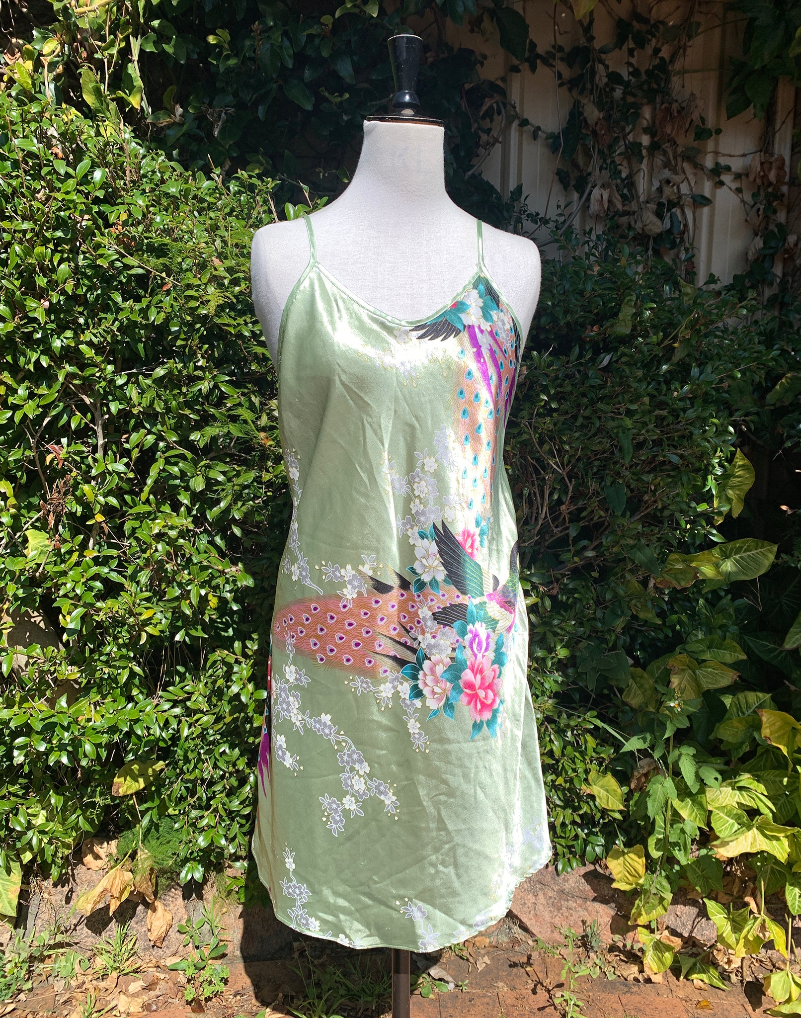Vintage Y2K Green Floral Silk Slip Dress Size S/M