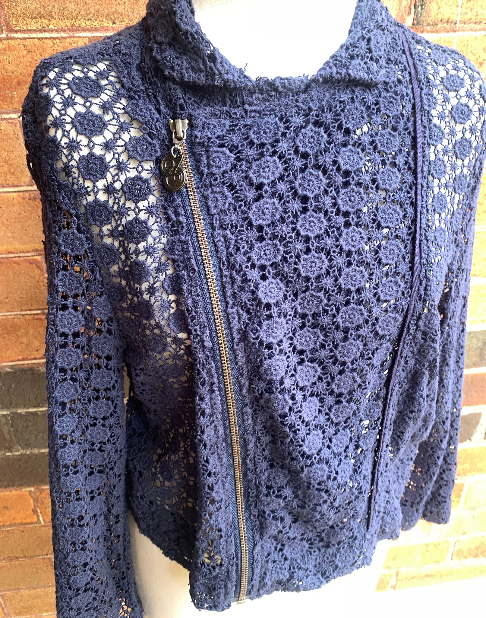 Loobie's Story Navy Blue Floral Lace Biker Jacket - Size M