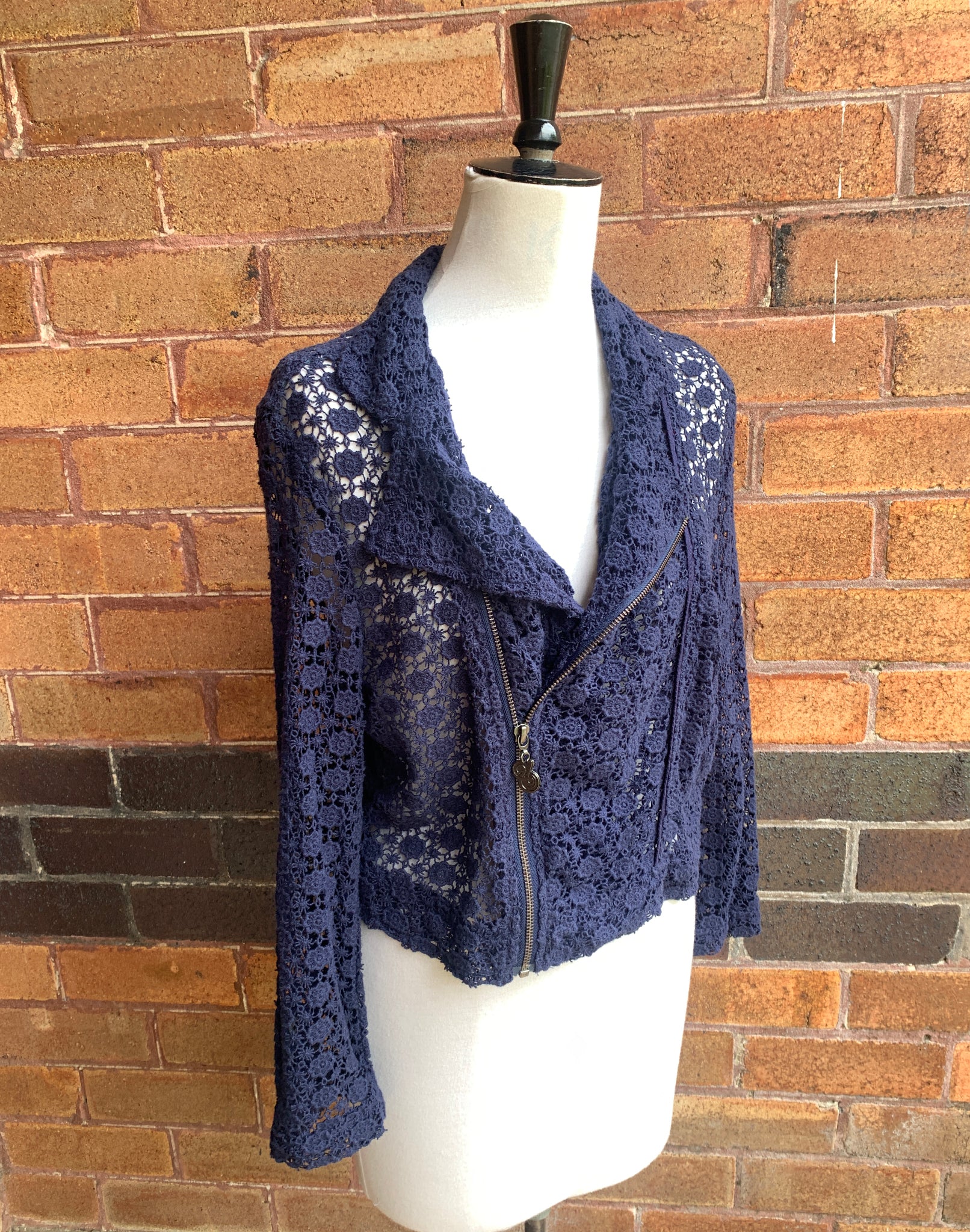 Loobie's Story Navy Blue Floral Lace Biker Jacket - Size M