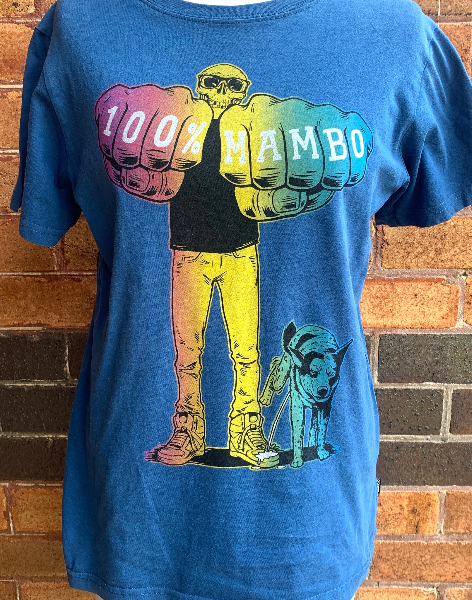 Mambo 100% Y2K Ladies T-Shirt Blue Dog Skeleton - Size M