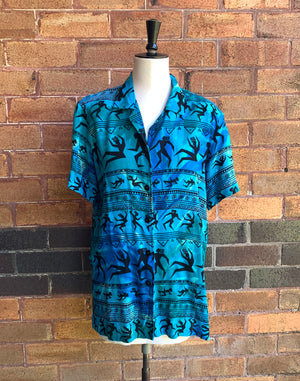 Vintage 80's Turquoise Printed Shirt - Size M/L