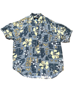 Vintage 90's Blue Yellow Retro Washed Floral Unisex Shirt - Size L