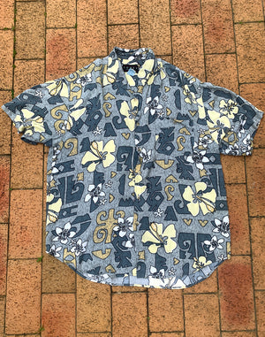 Vintage 90's Blue Yellow Retro Washed Floral Unisex Shirt - Size L