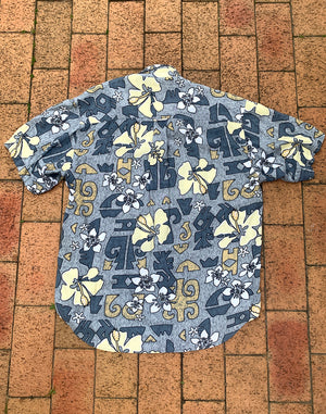 Vintage 90's Blue Yellow Retro Washed Floral Unisex Shirt - Size L