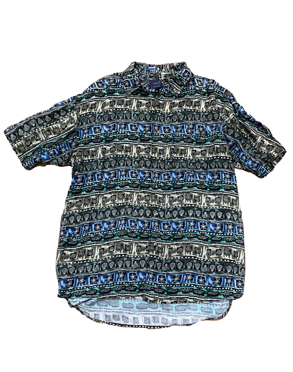 Vintage 90's Green Grey Blue Retro Print Unisex Shirt - Size M