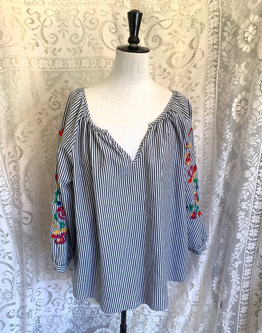 Wite Black Denim Wash Striped Embroidered Long Sleeve Shirt - Size XL