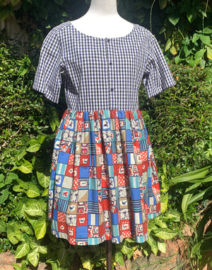 Blue Check Patchwork Cotton Collector Dress - Size S