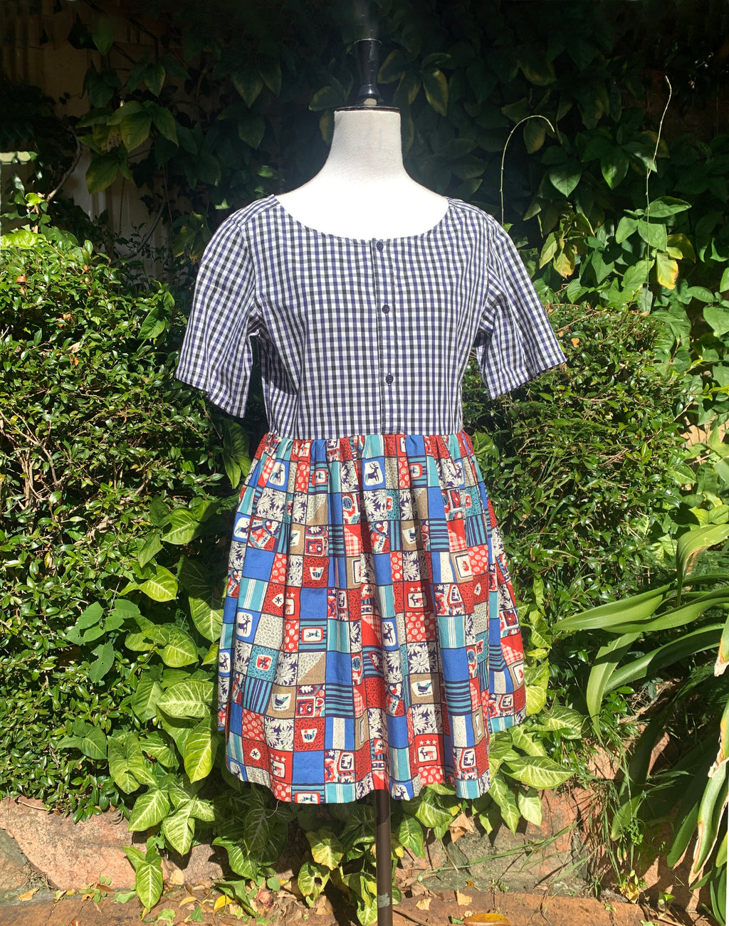 Blue Check Patchwork Cotton Collector Dress - Size S