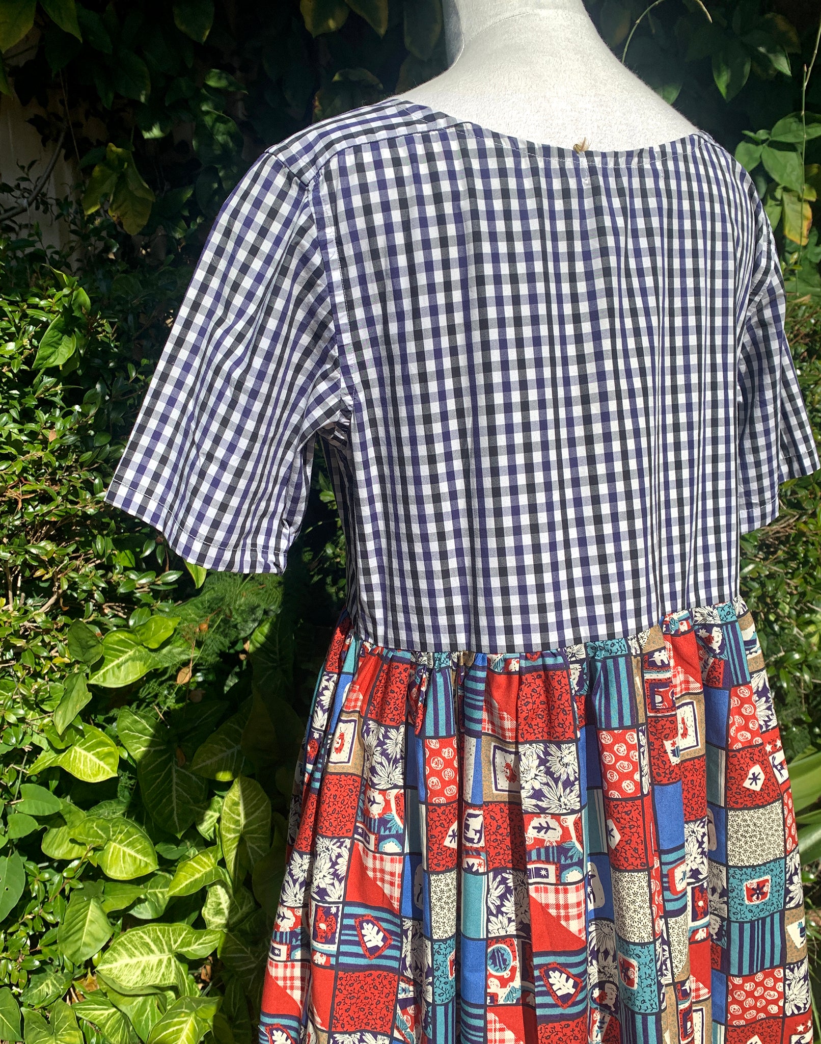Blue Check Patchwork Cotton Collector Dress - Size S