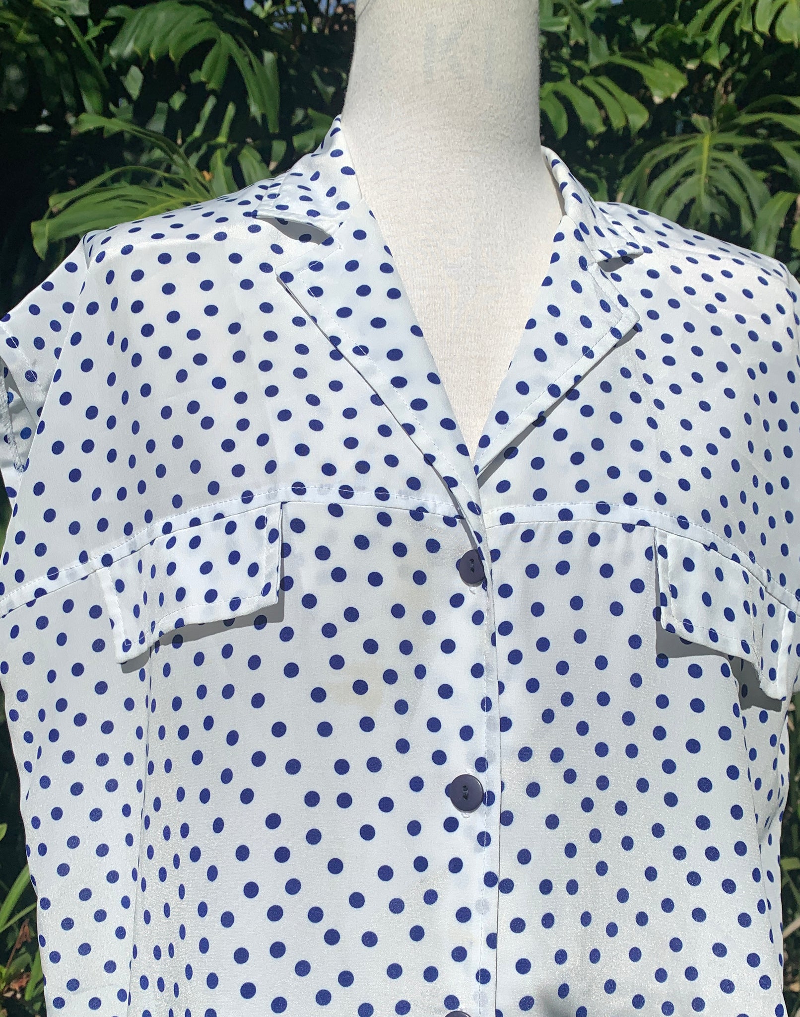 Vintage 80's White / Navy Polka Dot Dress - Size S / M