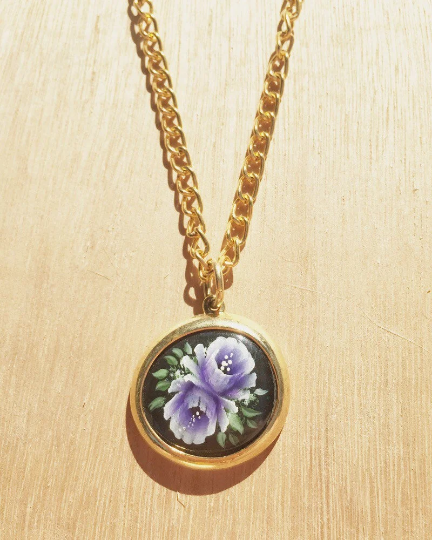 Vintage Painted Purple Floral Chunky Gold Necklace