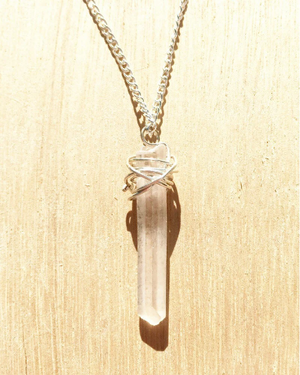 Raw Quartz Crystal Silver Wrapped Necklace