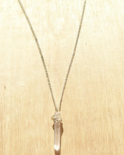 Raw Quartz Crystal Silver Wrapped Necklace