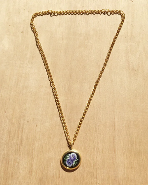 Vintage Painted Purple Floral Chunky Gold Necklace