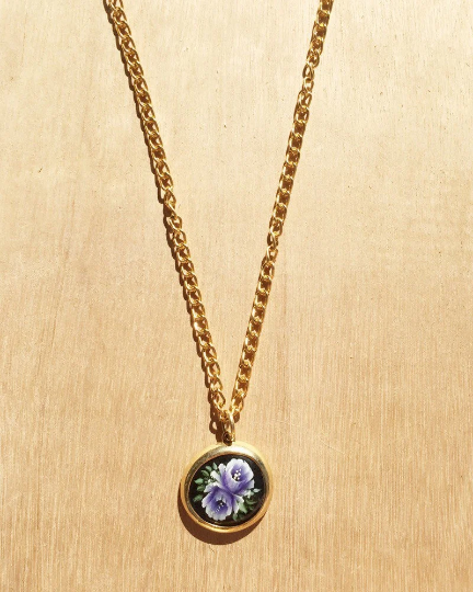 Vintage Painted Purple Floral Chunky Gold Necklace