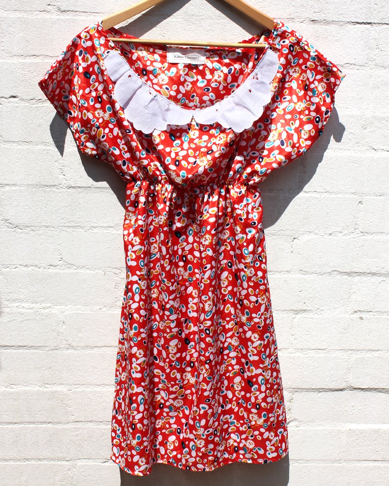 KV Handmade Red Floral Lace Collar Dress Medium