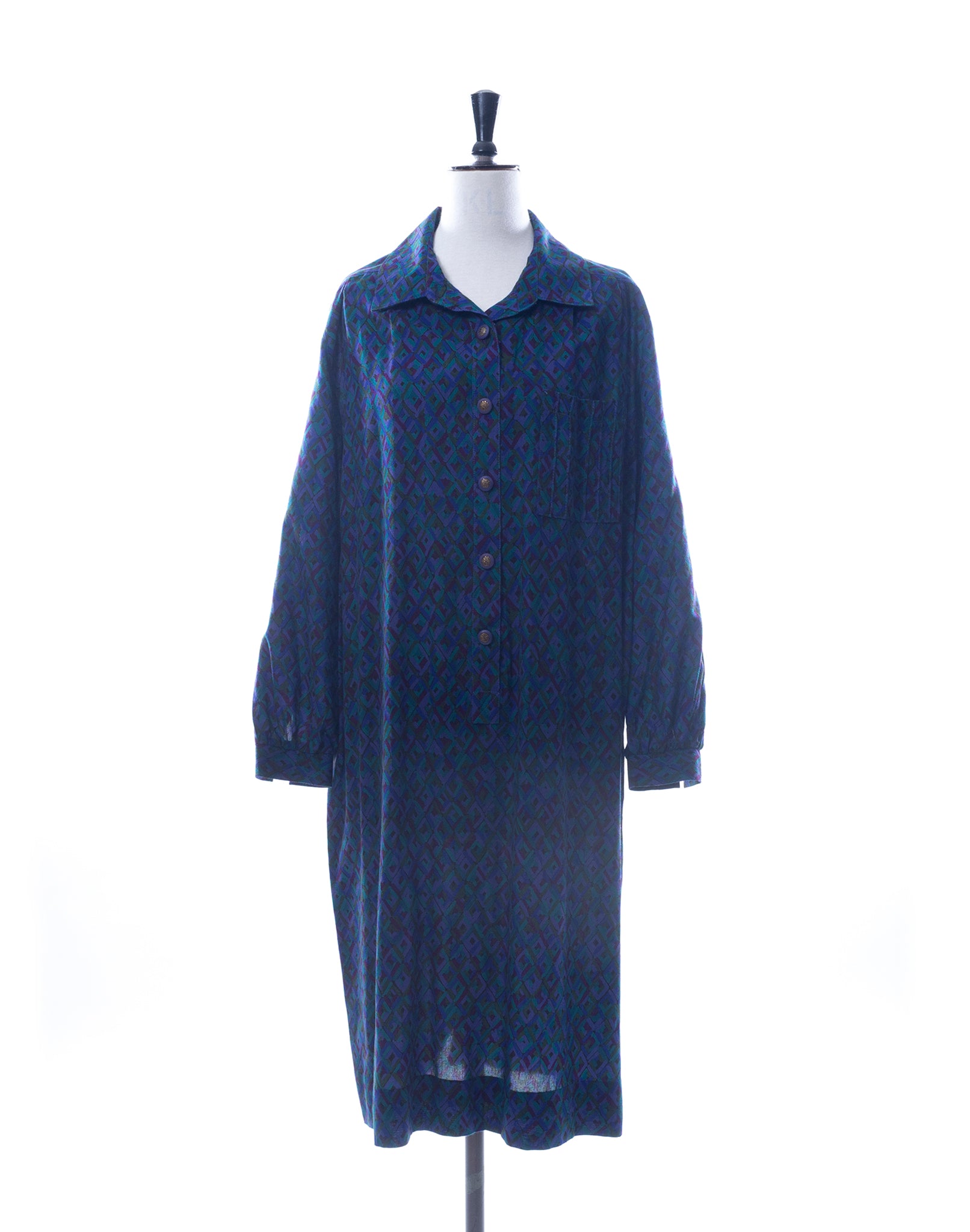 Vintage 80's Blue Graphic Print Long Sleeve Dress - Size M/L