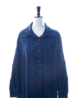 Vintage 80's Blue Graphic Print Long Sleeve Dress - Size M/L