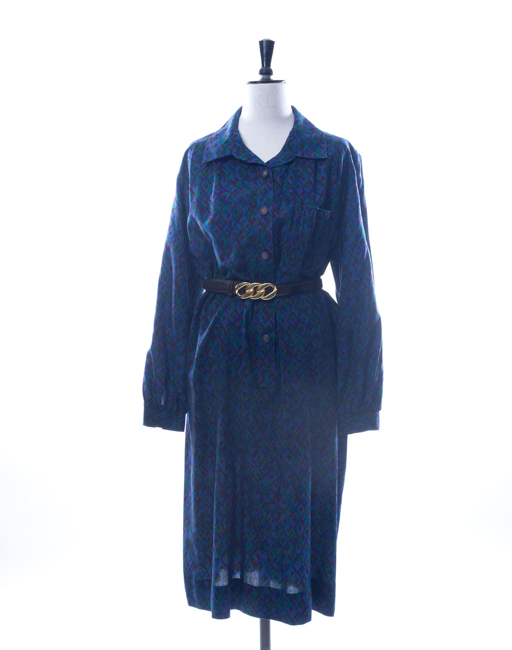 Vintage 80's Blue Graphic Print Long Sleeve Dress - Size M/L