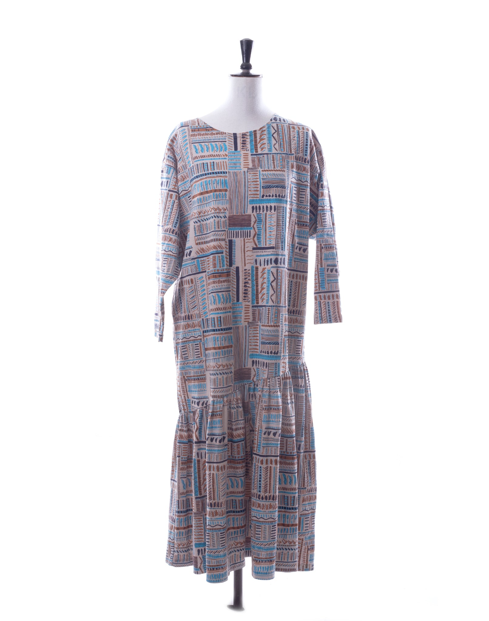 Vintage 80's Brown Blue Graphic Print Dress - Size M