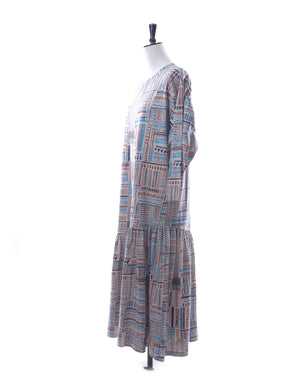 Vintage 80's Brown Blue Graphic Print Dress - Size M