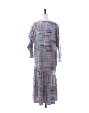 Vintage 80's Brown Blue Graphic Print Dress - Size M