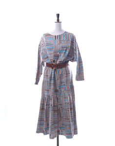 Vintage 80's Brown Blue Graphic Print Dress - Size M