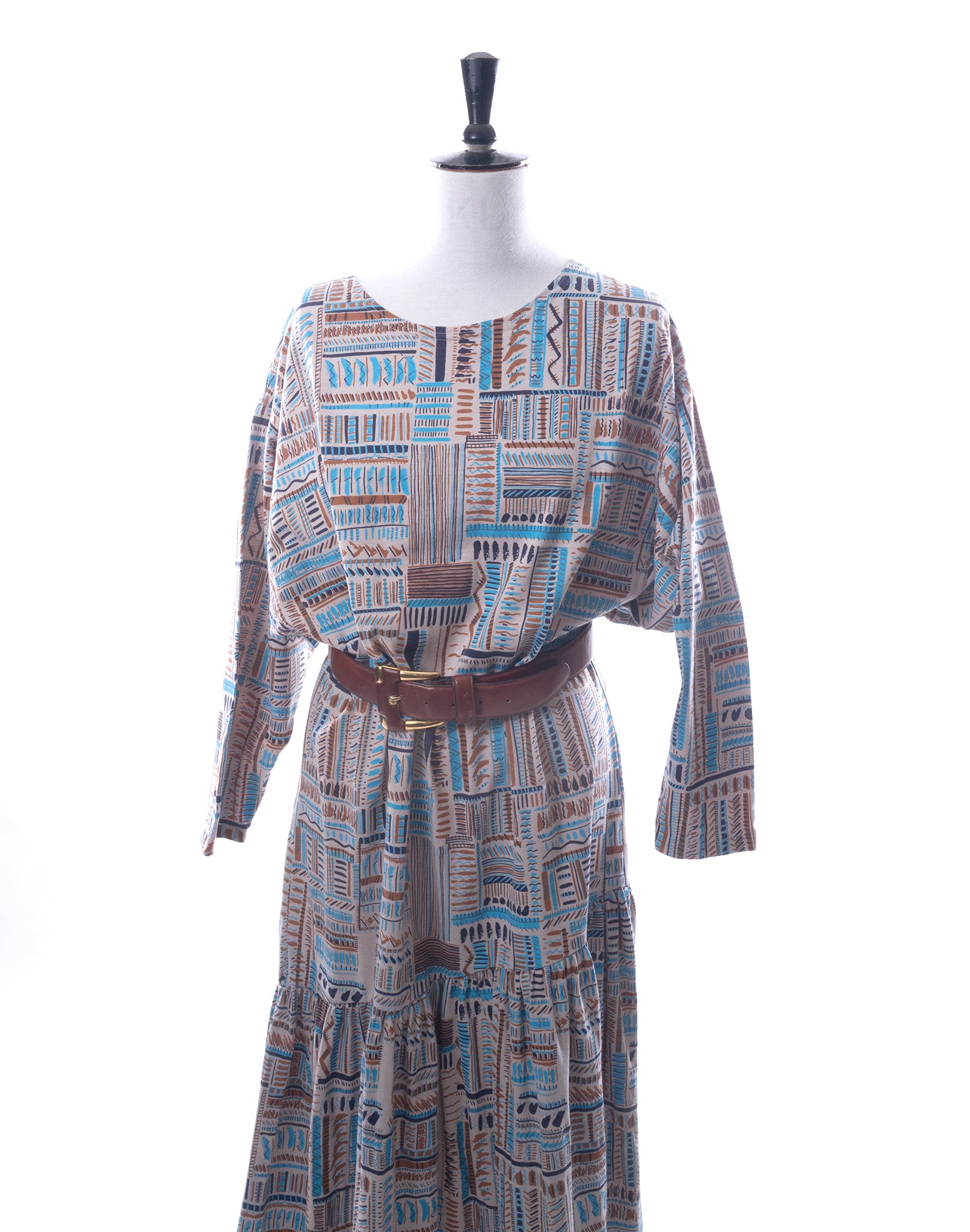 Vintage 80's Brown Blue Graphic Print Dress - Size M