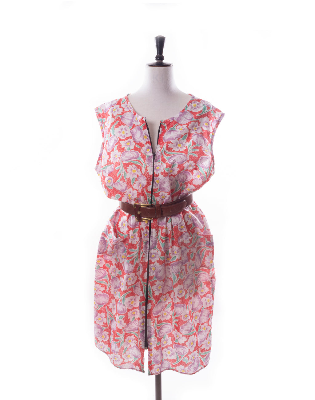 Vintage 80's Floral Red Cotton Zip Dress - Size XL
