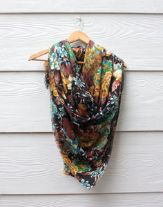 Extra Large Mustard Blue Floral Vintage Scarf