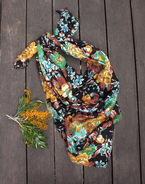 Extra Large Mustard Blue Floral Vintage Scarf