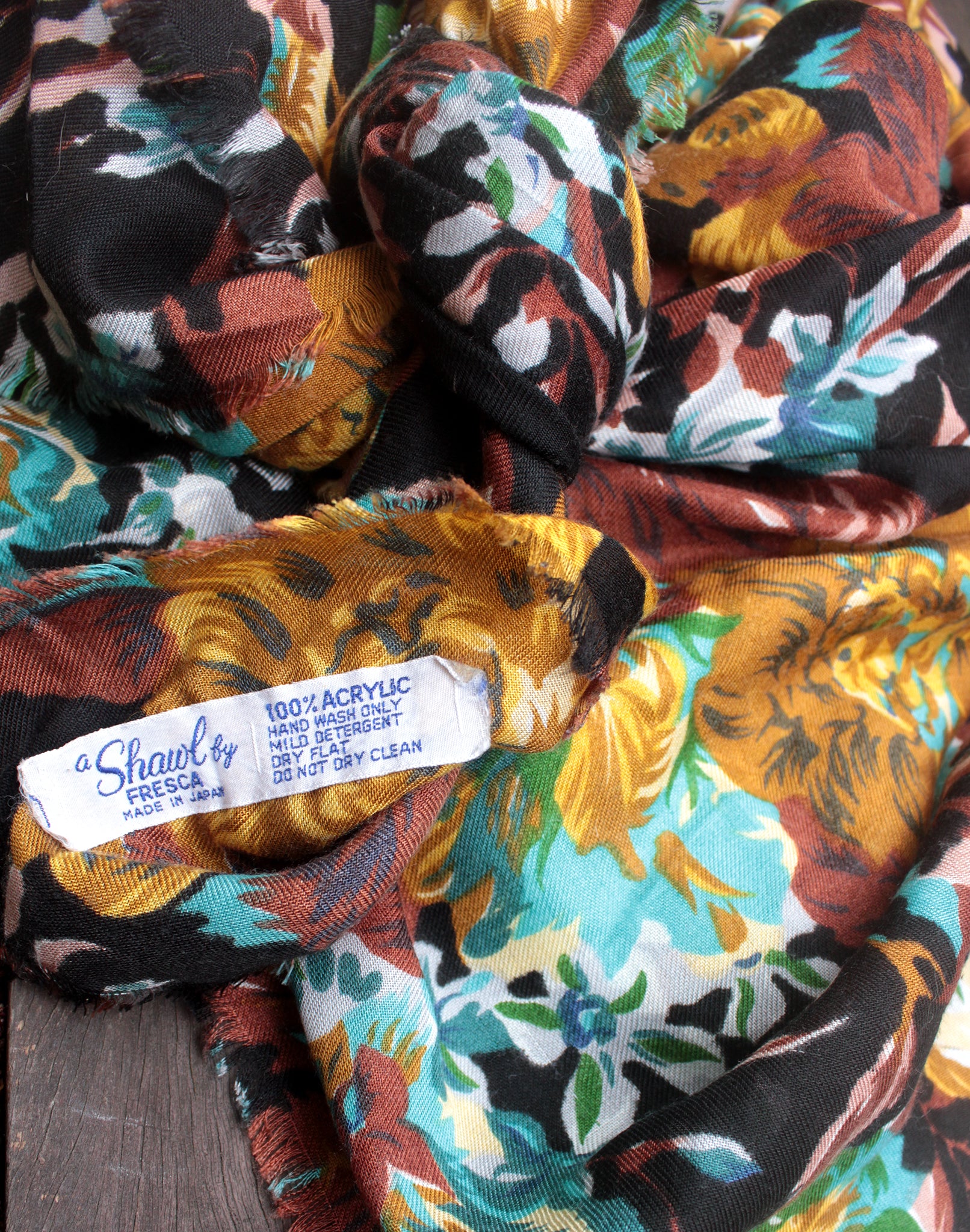 Extra Large Mustard Blue Floral Vintage Scarf