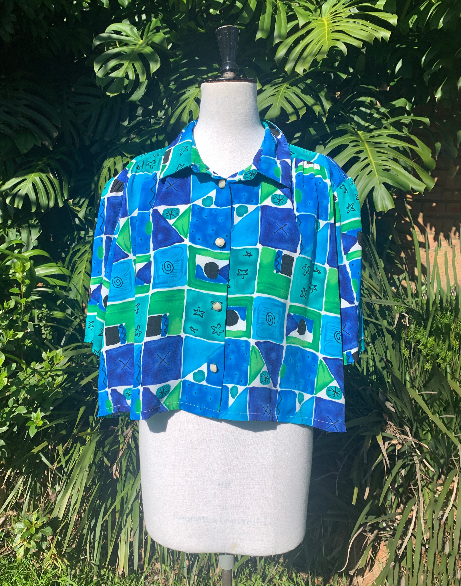 Vintage 80's Blue Floral Crop Blouse - Size L / XL