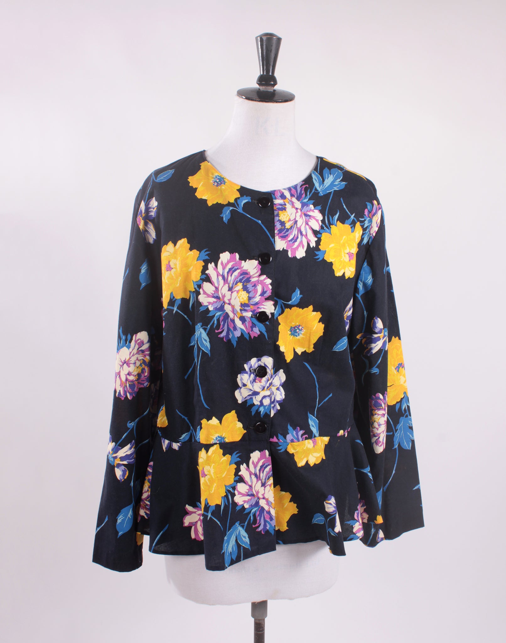 Bright Yellow and Black Floral Peplum Shirt Jacket