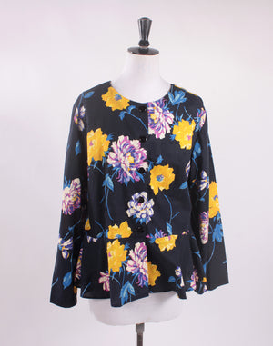 Bright Yellow and Black Floral Peplum Shirt Jacket