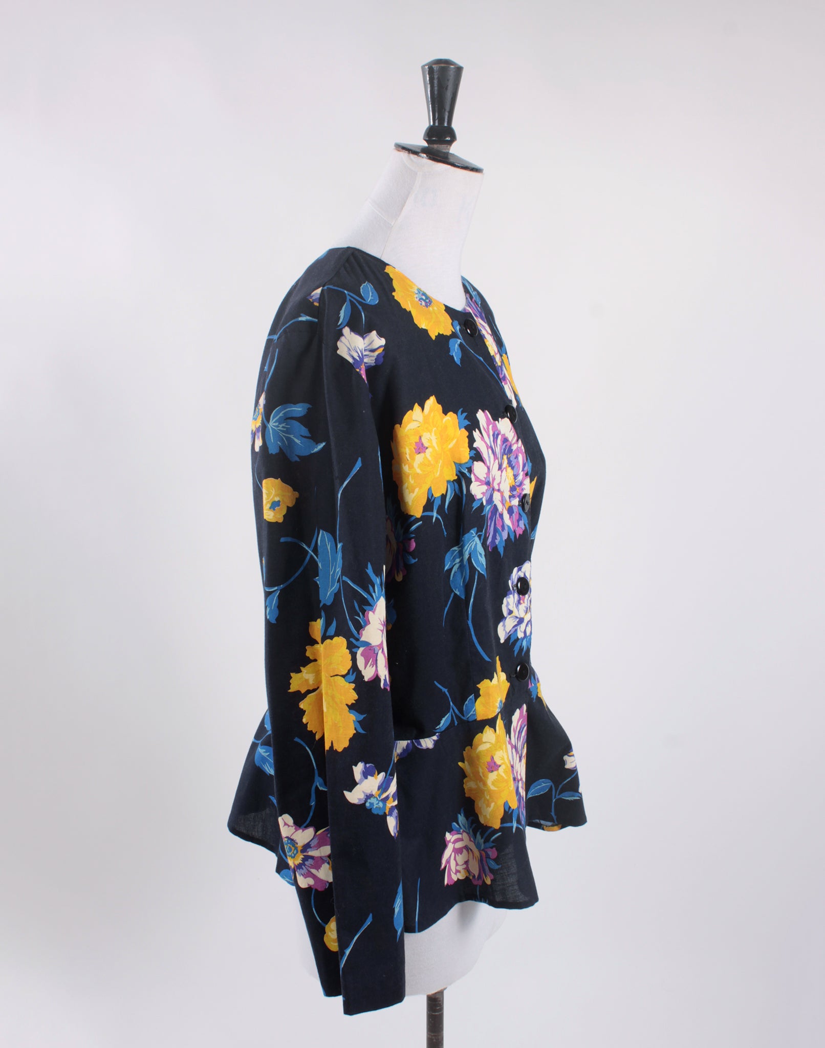 Bright Yellow and Black Floral Peplum Shirt Jacket