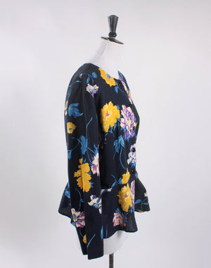 Bright Yellow and Black Floral Peplum Shirt Jacket