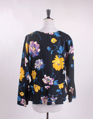 Bright Yellow and Black Floral Peplum Shirt Jacket