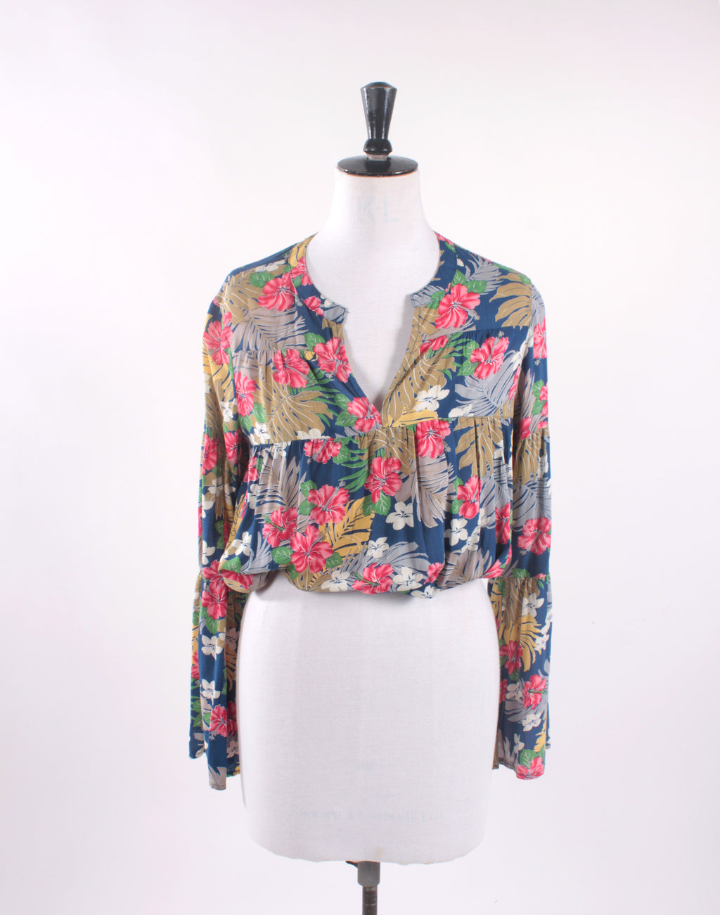 Blue Floral Long Sleeve Crop Blouse