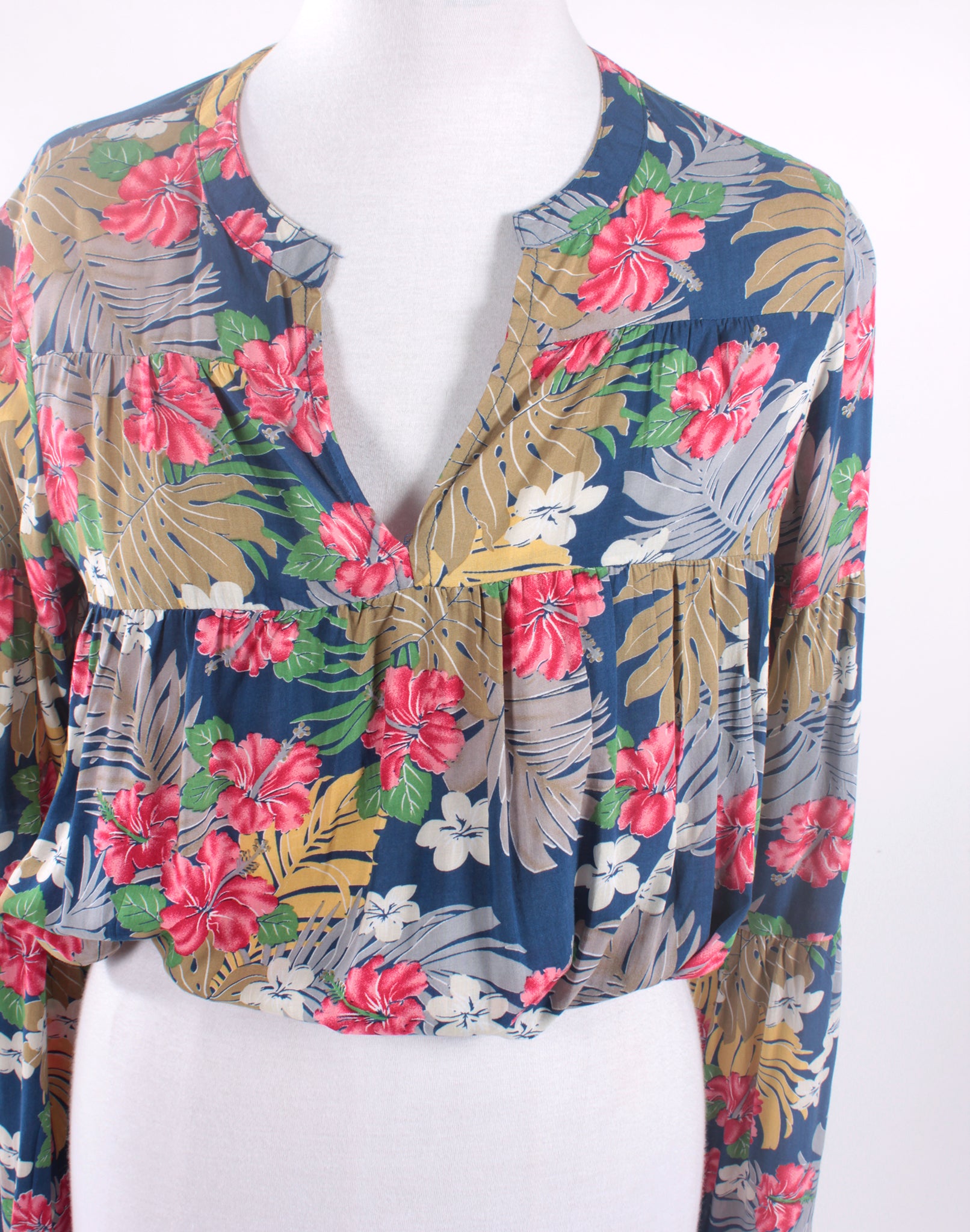 Blue Floral Long Sleeve Crop Blouse