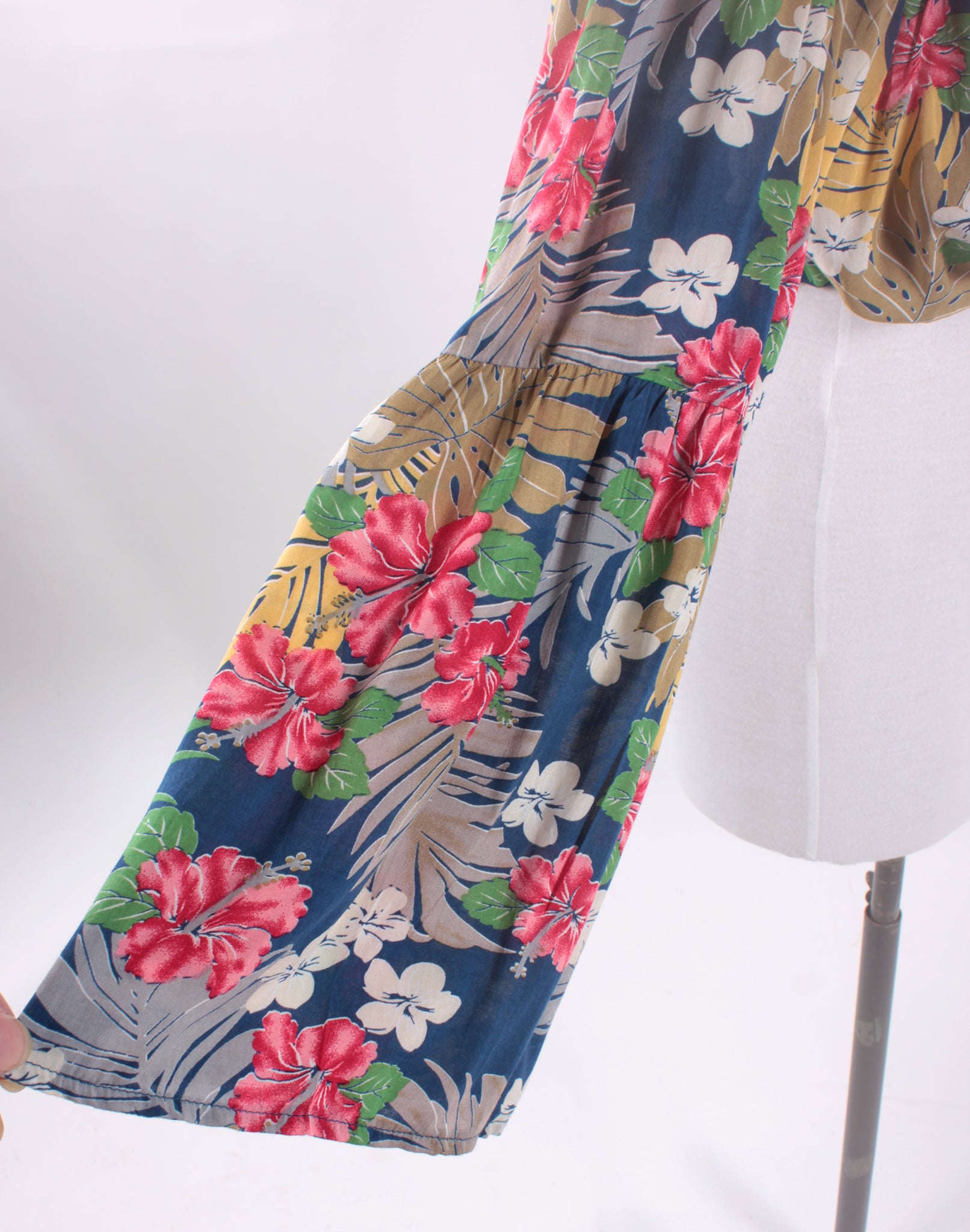 Blue Floral Long Sleeve Crop Blouse