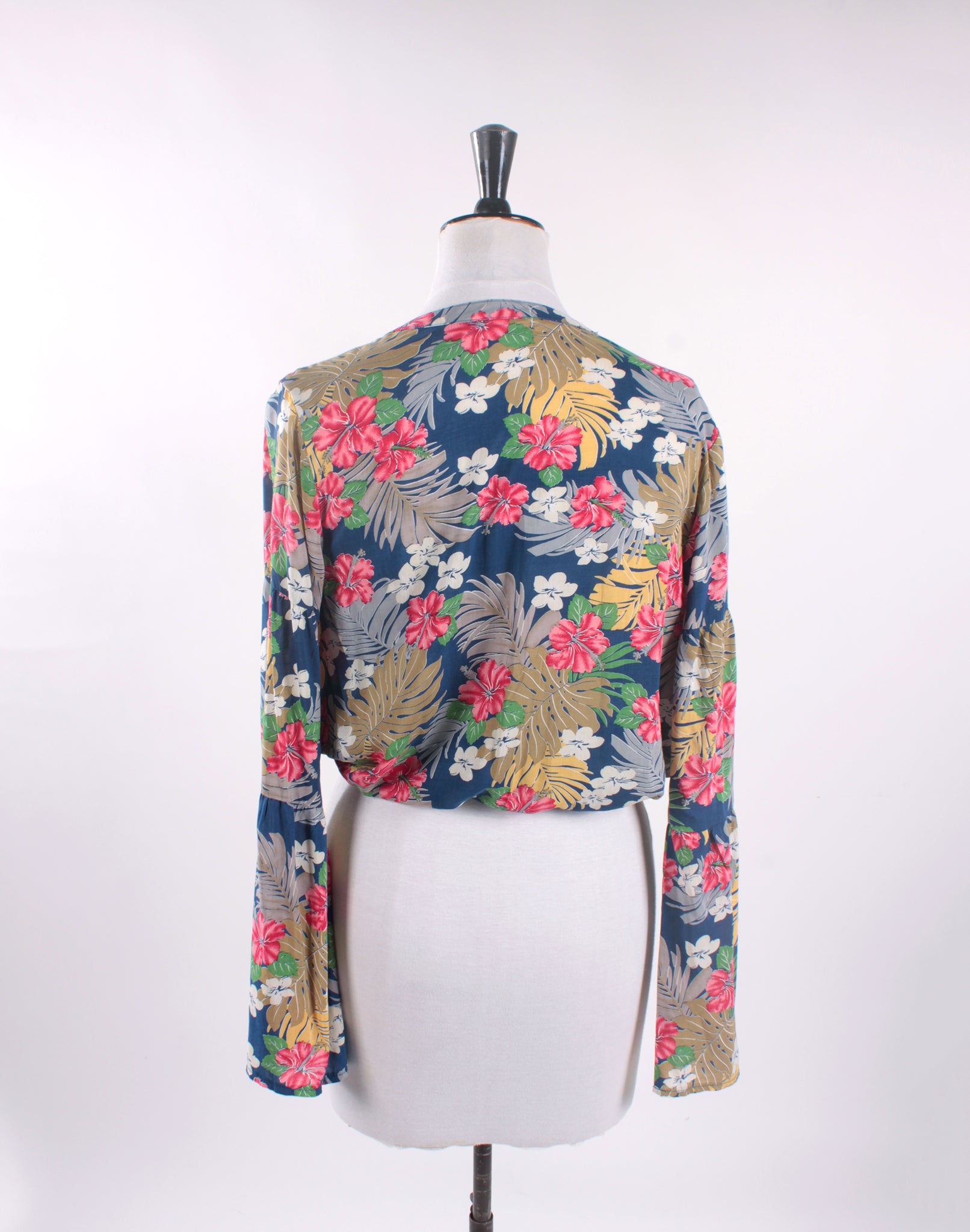 Blue Floral Long Sleeve Crop Blouse