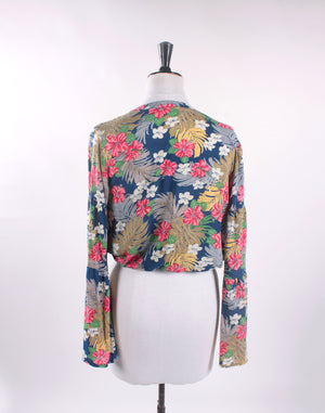 Blue Floral Long Sleeve Crop Blouse