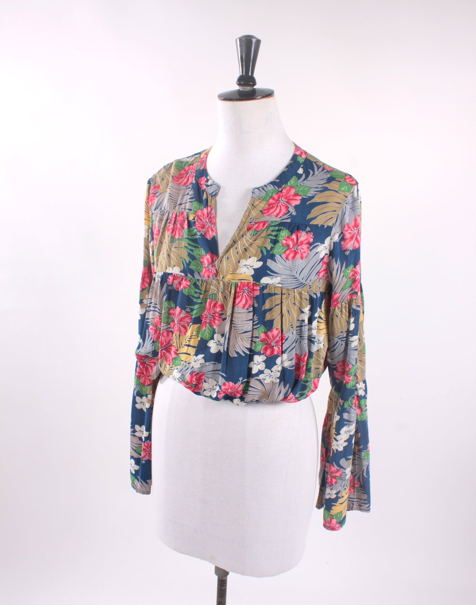 Blue Floral Long Sleeve Crop Blouse