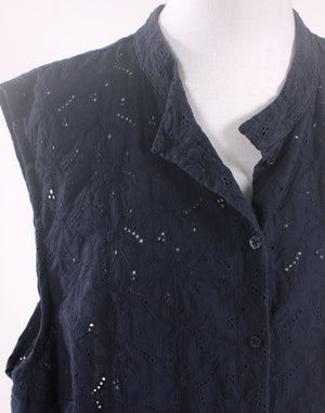 Vintage Upcycled Navy Blue Embroidery Anglais Crop Shirt