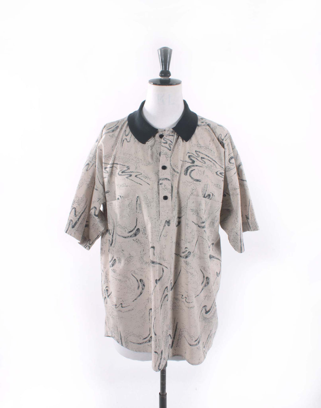Vintage 80's Beige Black Splash Oversize Mens Shirt