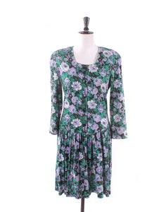 Vintage 80's Supre Jersey Green Floral Dress - Size S